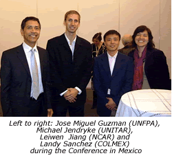 Left to right: Jos&eacute; Miguel Guzm&aacute;n (UNFPA), Michael Jendryke (UNITAR), Leiwen  Jiang (NCAR) and Landy S&aacute;nchez (COLMEX) during the Conference in Mexico