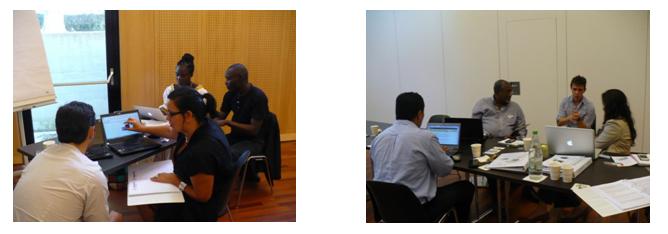 Picture 1 (L/R): Mr. Marius Keller (IISD), Ms. Houria Djoudi (CIFOR), Ms. Aby Drame and Mr. Secou Sarr (ENDA). Picture 2 (L/R): Mr. Peniamina Leavai (SPREP), Mr. Ulric Trotz (CCCCC), Mr. Chris Jack (CSAG-UCT) and Ms. Sukaina Bharwani (SEI).