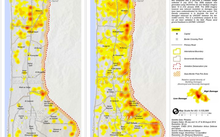 2009-2014 DENSITY COMPARISON OF DESTROYED AND SEVERELY DAMAGED STRUCTURES IN GAZA STRIP, OCCUPIED PALESTINIAN TERRITORY Map of density comparison between 2009 and 2014