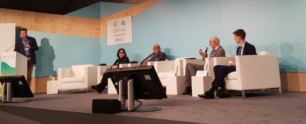 Mr. Mackay, UN CC:Learn Secretariat; Dr. Katili Niode, The Climate Reality Project; Mr. Asper, Federation for Free Workers in the Philippines; Mr. Rickert, German Commission for UNESCO and student Jan Hendrik.