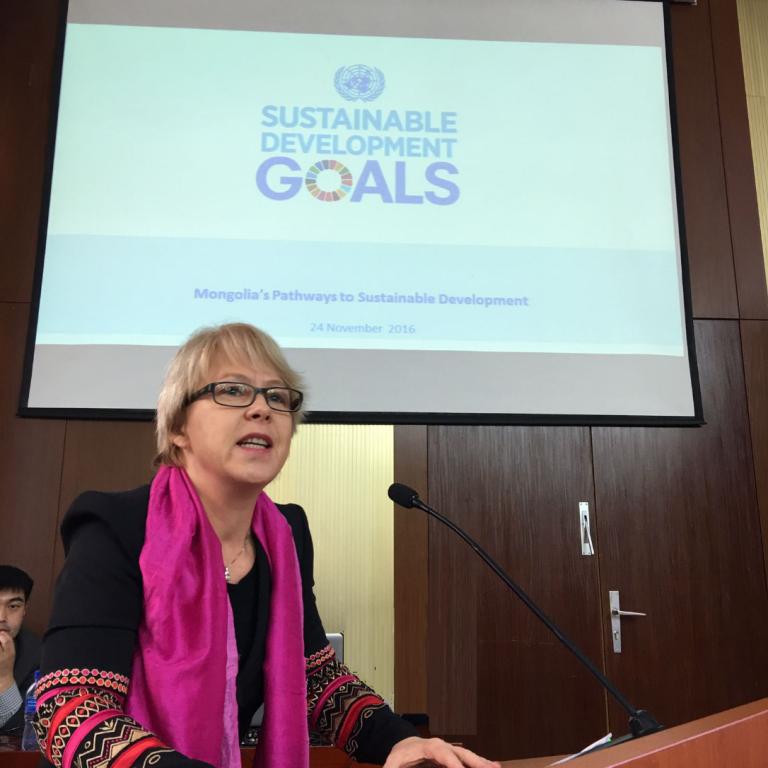 Ms. Beate Trankmann, UN Resident Coordinator in Mongolia reflecting on SDG implementation in Mongolia. Source: PAGE/ Naqvi