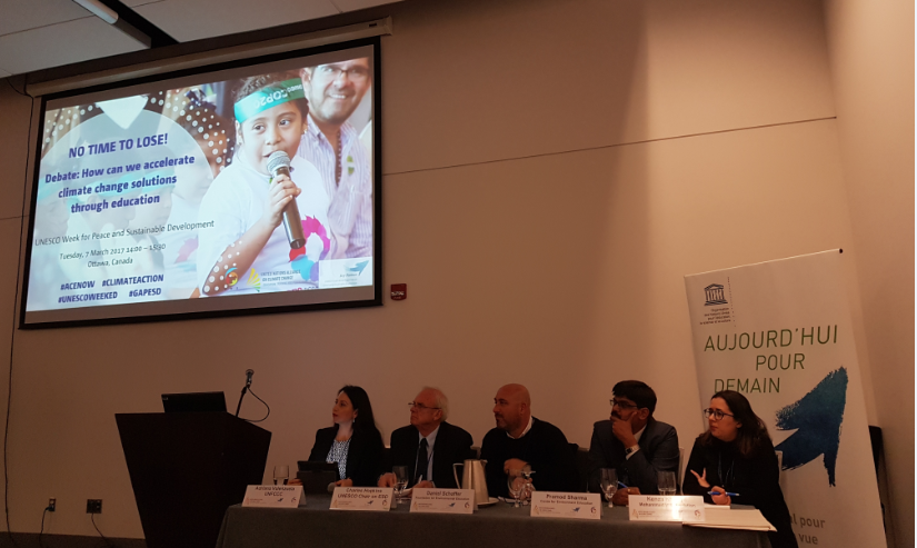 From left to right: Ms. Adriana Valenzuela, UNFCCC Secretariat; Mr. Charles Hopkins, UNESCO Chair on ESD, York University; Mr. Daniel Schaffer, Foundation for Environmental Education; Mr. Pramod Sharma, Centre for Environmental Education; Ms. Kenza Khallafi, Mohammed VI Foundation for the Protection of the Environment of Morocco.  