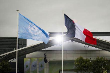 UN and French Flags Flying at COP21 Venue, Paris
