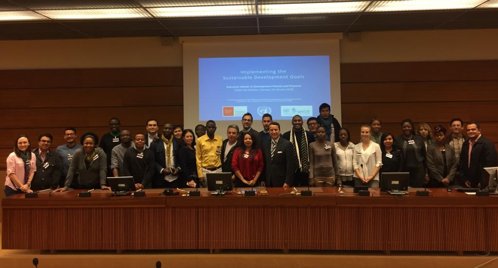 Mr. Alex Mejia from UNITAR, and Dr. Alexandre Freire Dormeier and Mr. Bruno Medroa from the Graduate Institute, alongside students from the Executive Master in Development Policies and Practices, at the Palais des Nations on 24 January 2018.
