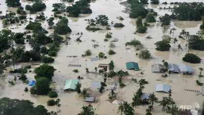 Aerial view shows the flooded area of Kalay, Sagaing Region, Upper Myanmar, Aug. 1, 2015 (photo:AFP/Sai Zaw)