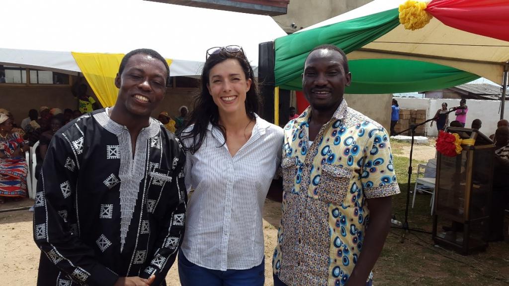 Amrei Horstbrink, UNITAR with the two Ambassadors for Climate Change Learning, Dr. Emmanuel Tachie-Obeng (left) from Ghana and Bob Natifu (right) from Uganda.