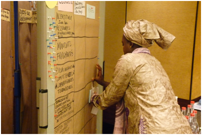 Photo 3: A trainee from the Francophone group makes use of pin-board and coloured cards during an action-learning exercise.