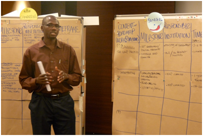 Photo 5: One of the trainees performs a “trainers on stage” session summarizing the main findings of group matrix exercises on specific NAP country situations.