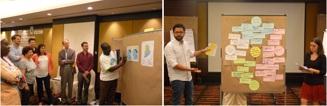 Photo 7: Trainees work in group to identify vulnerability hot spots during a risk mapping exercise. Photo 8: Trainees from the Anglophone group present the results of a national adaptation planning stakeholders’ mapping exercise.