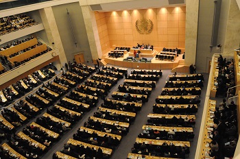 The World Health Assembly, General Assembly Hall at the Palais des Nations, the European Headquarter of the United Nations.  Photo credit: WHO/Oliver O'Hanlon