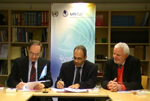 UNITAR Executive Director, Ms. Sally Fegan-Wyles, signs an agreement with the Swiss Development Cooperation (SDC) launching a further implementation phase of the One UN Climate Change Learning Partnership (UN CC:Learn).