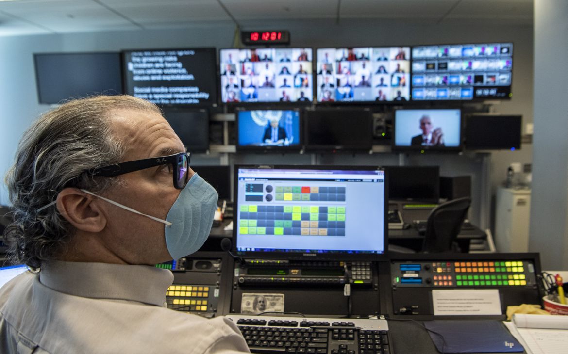 A view from the UNTV studio as members of the Security Council hold an open video conference in connection with the situation in the Middle East (Yemen). In front is John Montenero, Senior Broadcast and Conference Operator at the Office of Information and Communications Technology (OICT).