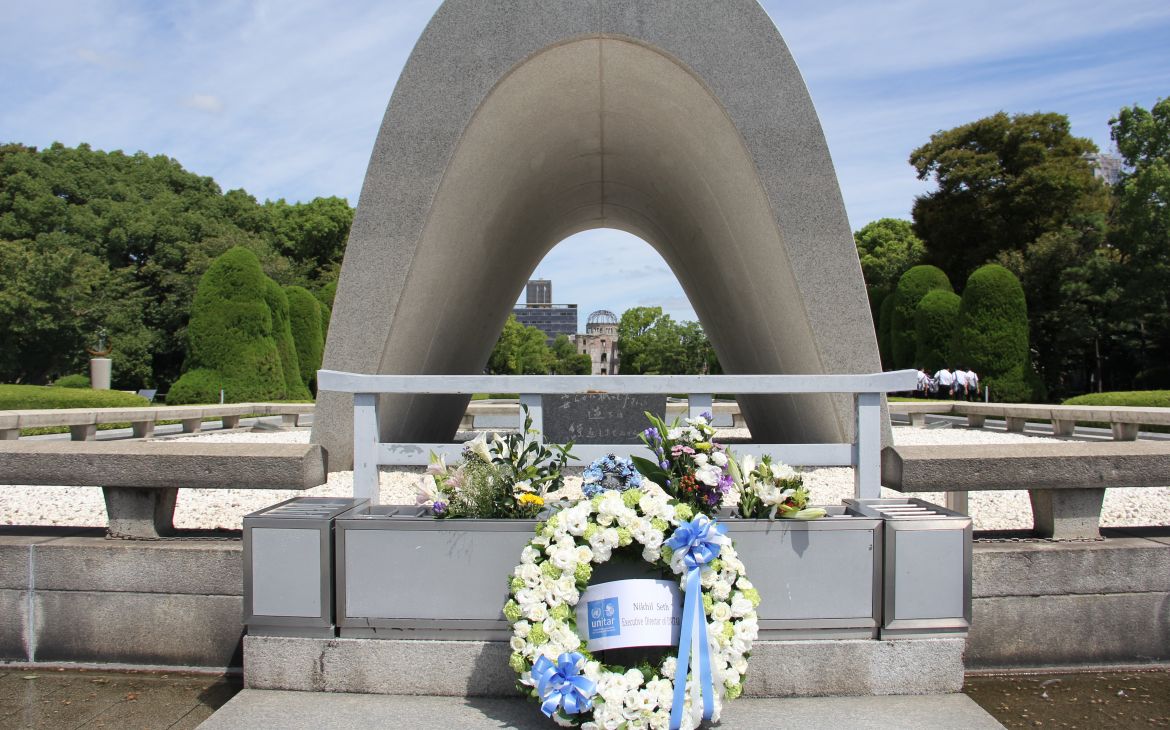On behalf of Mr. Seth, Hiroshima Office offered flowers to to the Cenotaph for the A-bomb Victims at the Peace Memorial Park