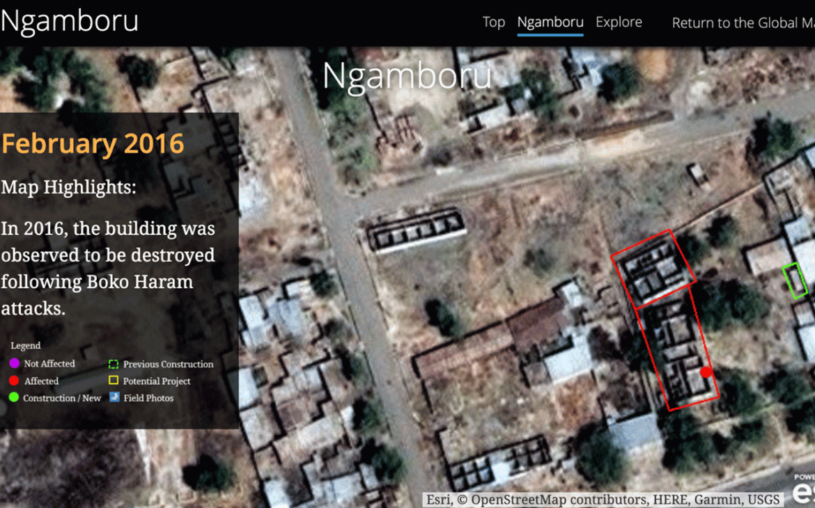Web-map highlighting evolution of reconstruction in Ngamboru, Nigeria    Web-map highlighting evolution of reconstruction in Ngamboru, Nigeria