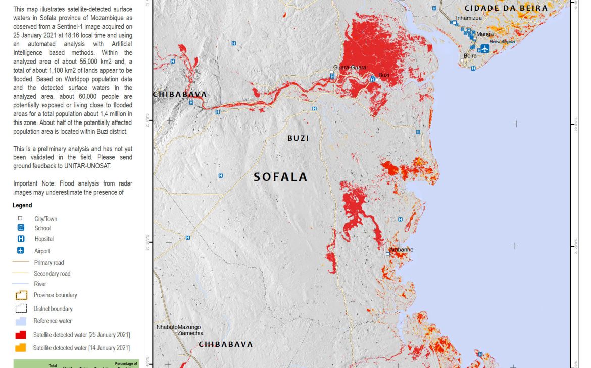 Map of Sofala province on 25th January 2021 Map of satellite-derived water extend in Sofala province on 25th January 2021