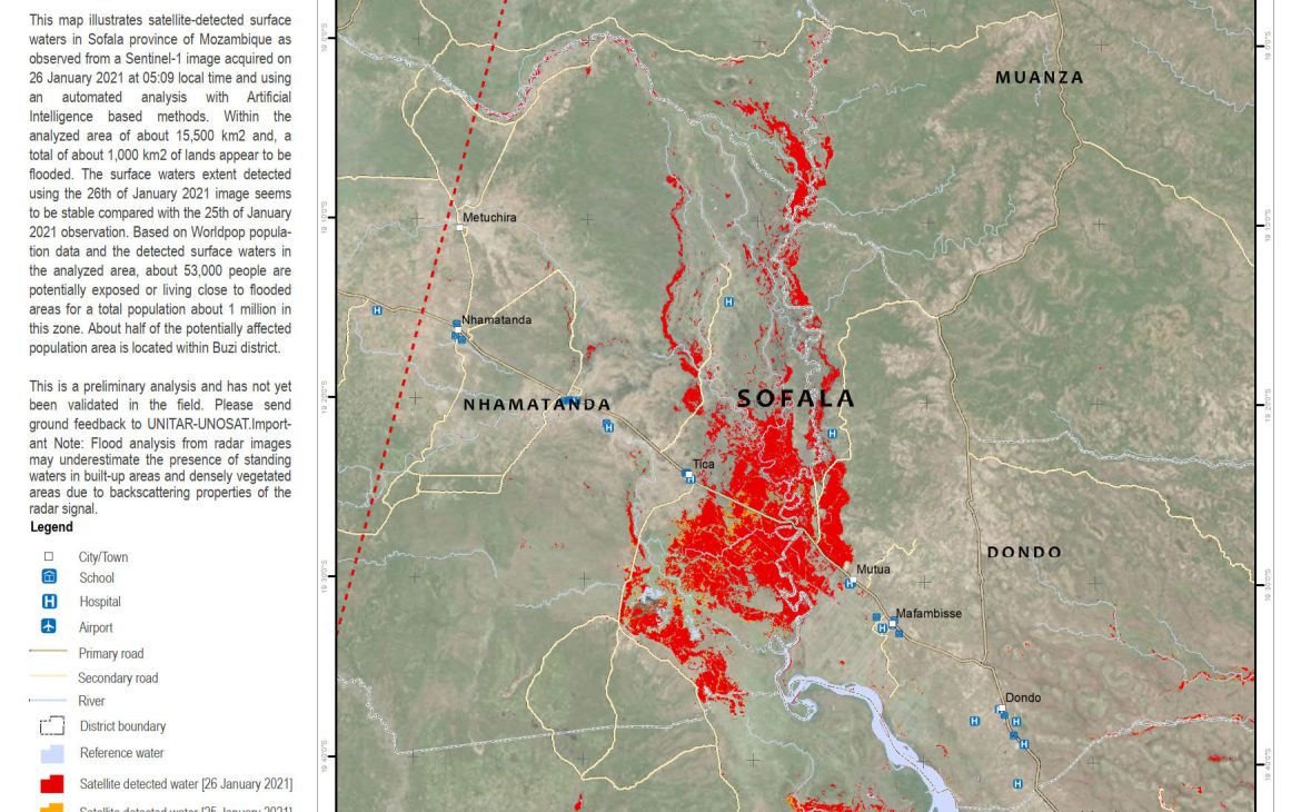 Map of Sofala province on 26th January 2021 Map of satellite-derived water extent in Sofala province on 26th January 2021