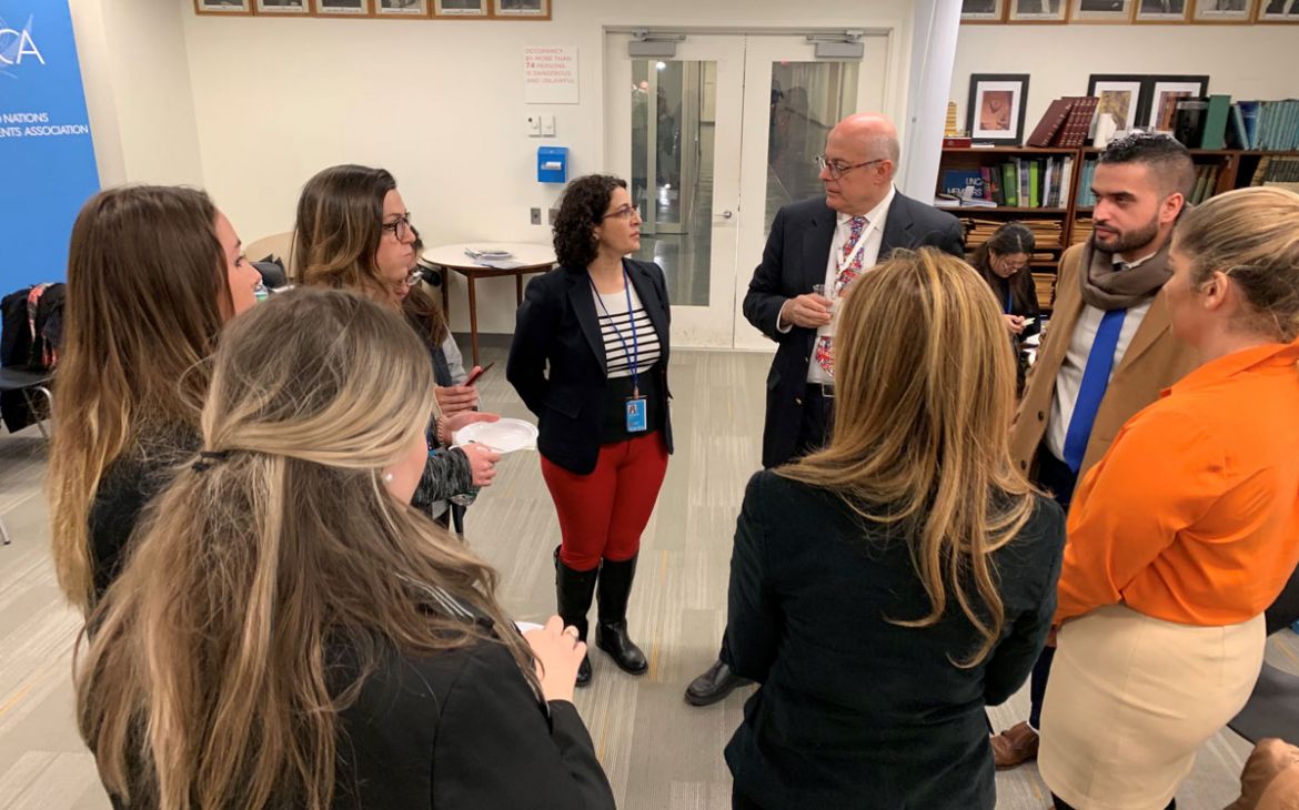 UNITAR Global Diplomatic Initiative Trainees conversing with professors and panelists before going on a tour of the United Nations