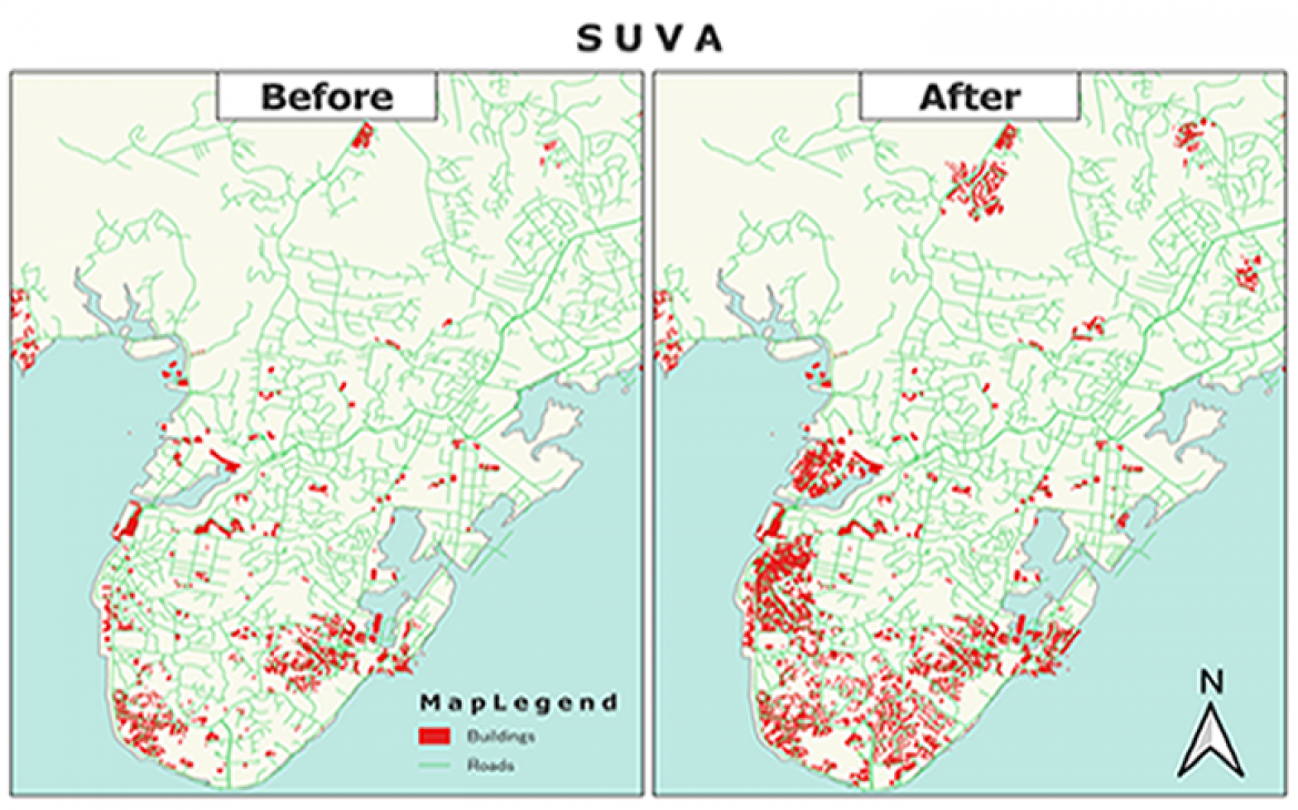 Increased numbers of mapped buildings and roads in Suva, Fiji. 