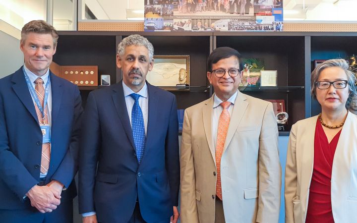 UNITAR-BADEA meeting in Geneva. Left to right: Einar Bjørgo, Director of UNOSAT, UNITAR; Dr Sidi Ould Tah, Director General, BADEA; Nikhil Seth, Executive Director, UNITAR; Mihoko Kumamoto, Director of Division for Prosperity, UNITAR UNITAR-BADEA meeting in Geneva. Left to right: Einar Bjørgo, Director of UNOSAT, UNITAR; Dr Sidi Ould Tah, Director General, BADEA; Nikhil Seth, Executive Director, UNITAR; Mihoko Kumamoto, Director of Division for Prosperity, UNITAR