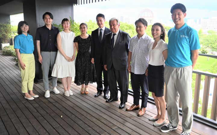 Power of Youth From Hiroshima panelists with UN Secretary-General António Guterres and Hiroshima Prefecture Governor Hidehiko Yuzaki