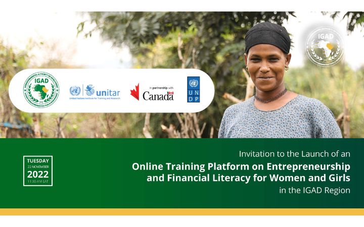 Launch event flyer: Invitation to the Launch of an Online Training Platform on Entrepreneurship and Financial Literacy for Women and Girls in the IGAD Region