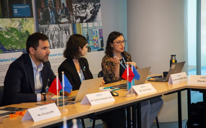 Youth Leadership and Global Challenges Seminar-(From left) Daniel Fyfe (UN OHCHR), Carina Souza (UNITAR), Manuela Ramirez Perez (UNITAR) A woman panellist seated at a conference table speaks and gestures while a male and female panellists look on
