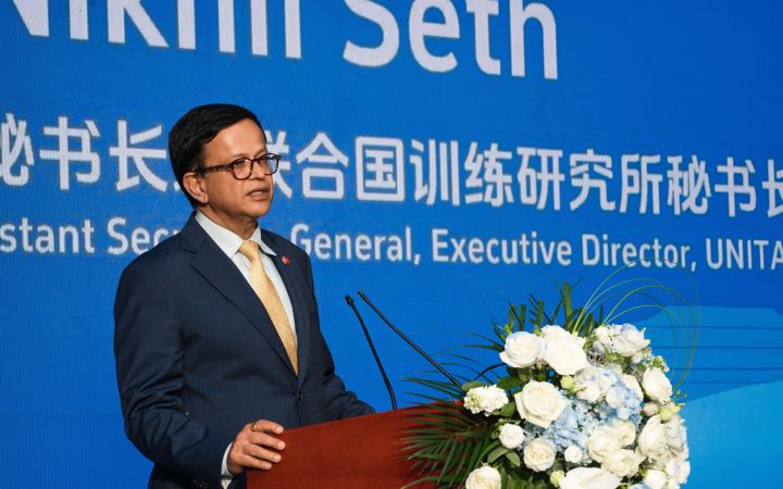 Executive Director Mr. Nikil Seth giving a speech at UNITAR Prosperity Alliance Beijing Center Unveiling Ceremony Executive Director Mr. Nikil Seth giving a speech at UNITAR Prosperity Alliance Beijing Center Unveiling Ceremony