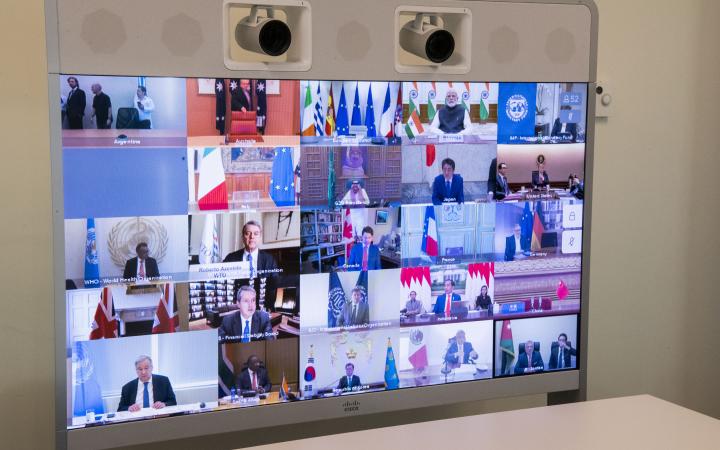 A view of the screen in the Secretary-General António Guterres' conference room as he takes part in the extraordinary Virtual Leaders’ Summit of the Group of Twenty (G-20) on the Covid-19 Pandemic.