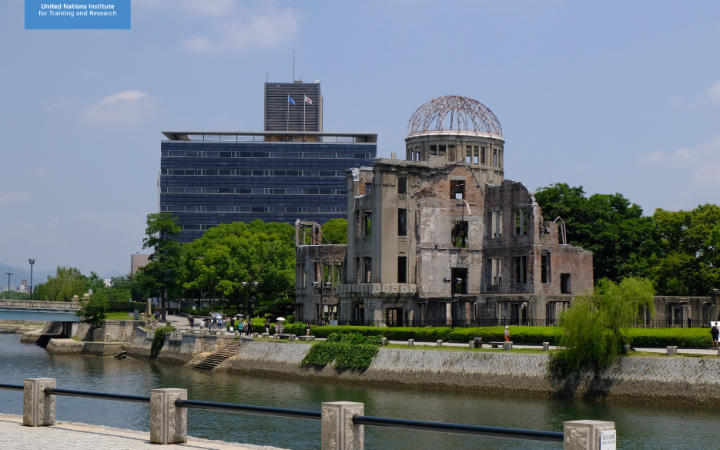 Photo of the building where the UNITAR Hiroshima Office is located behind the Atomic Bomb Dome