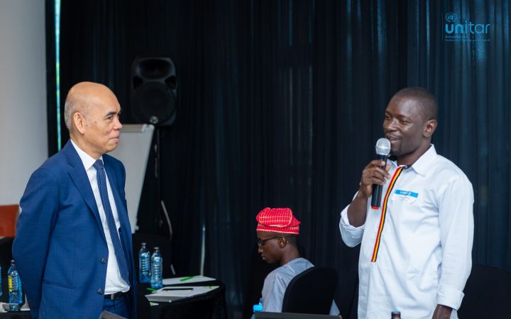 Denis Opio giving a speech at the UNITAR “Developing Essential Digital Skills for Women and Youth in Africa” training programme. Denis Opio giving a speech at the UNITAR “Developing Essential Digital Skills for Women and Youth in Africa” training programme.