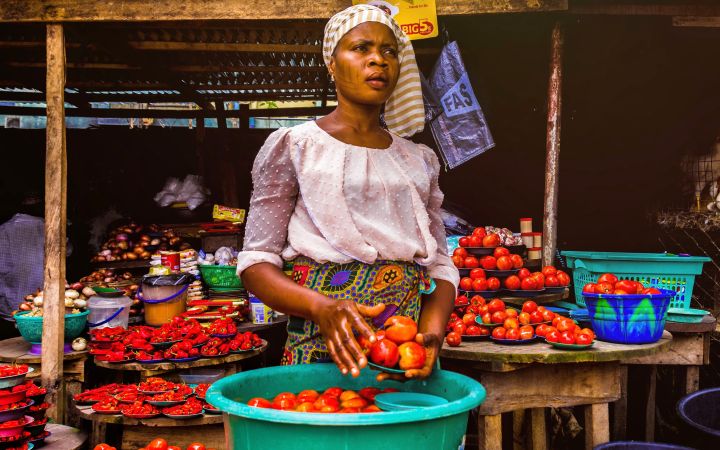African woman selling tomatoes at the market