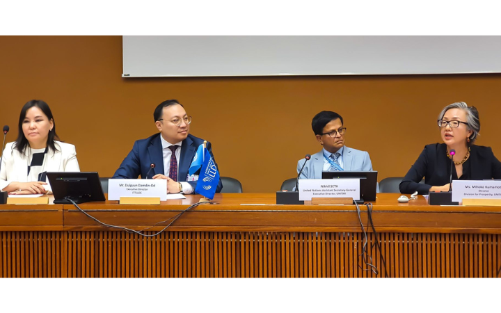 (Left to right) H.E. Ms. Davaasuren Gerelmaa, Ambassador and Permanent Representative of Mongolia to the United Nations Office in Geneva; Mr. Dulguun Damdin-Od, Executive Director of ITTLLDC; Mr. Nikhil Seth, Executive Director of UNITAR; Ms. Mihoko Kumamoto, Director, UNITAR Division for Prosperity
