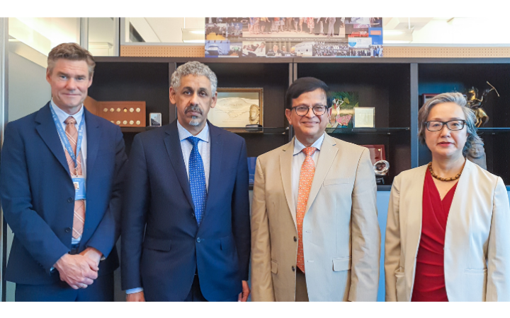 UNITAR-BADEA meeting in Geneva. Left to right: Einar Bjørgo, Director of UNOSAT, UNITAR; Dr. Sidi Ould Tah, Director General, BADEA; Nikhil Seth, Executive Director, UNITAR; Mihoko Kumamoto, Director of Division for Prosperity, UNITAR UNITAR-BADEA meeting in Geneva. Left to right: Einar Bjørgo, Director of UNOSAT, UNITAR; Dr. Sidi Ould Tah, Director General, BADEA; Nikhil Seth, Executive Director, UNITAR; Mihoko Kumamoto, Director of Division for Prosperity, UNITAR