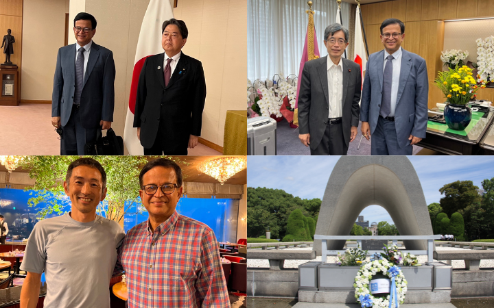 Photo collage: UNITAR Executive Director Nikhil Seth with Minister of Foreign Affairs Mr. Yoshimasa Hayashi (top left), UNITAR Executive Director Nikhil Seth with Minister for Internal Affairs and Communications Mr. Minoru Terada (top right), UNITAR Executive Director Nikhil Seth with UNITAR Goodwill Ambassador Mr. Dai Tamesue (bottom left), On behalf of Mr. Seth, Hiroshima Office offered flowers to to the Cenotaph for the A-bomb Victims at the Peace Memorial Park (bottom right)
