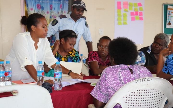 UNITAR alumna and resource person Everlyn Fiualakwa (Solomon Islands) facilitates a disaster risk management workshop to establish a provincial protection committee in Central Islands Province. (Photo courtesy of Everlyn Fiualakwa) UNITAR alumna and resource person Everlyn Fiualakwa (Solomon Islands) facilitates a disaster risk management workshop to establish a provincial protection committee in Central Islands Province. (Photo courtesy of Everlyn Fiualakwa)