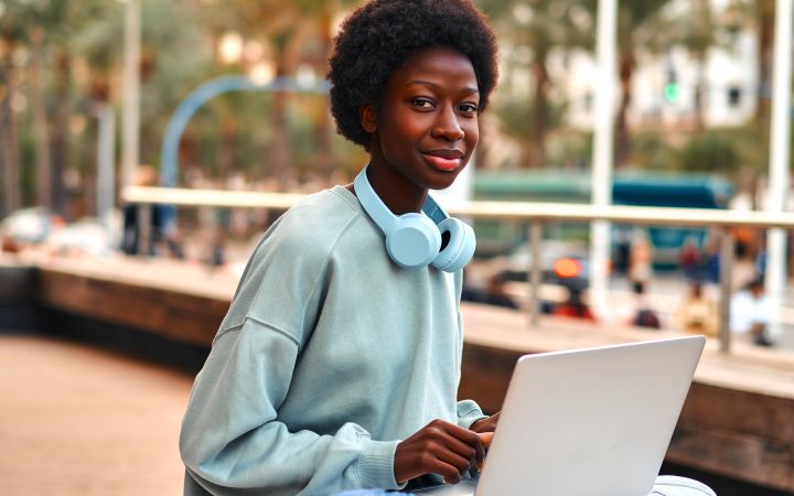 Young African women sitting outdoors with a laptop on her lap