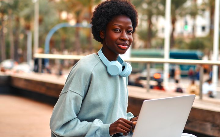 Young African women sitting outdoors with a laptop on her lap