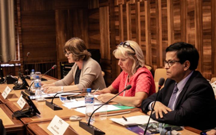 The two Co-Chairs,Her Excellency Ambassador Beatriz Londono Soto (Colombia), Her Excellency Terhi Hakala (Finland) and UNITAR Executive Director, Mr. Nikhil Seth