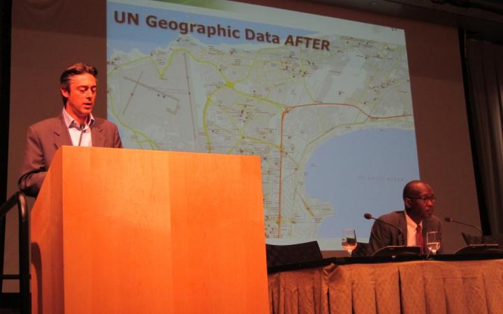 Francesco Pisano, UNOSAT Manager showing one example of the results brought about by the UNOSAT-Google partnership launched in 2010.
