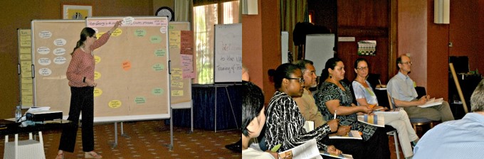 Photo 1: A senior trainer leads group discussions on NAP stakeholder mapping through the use of guiding questions. Photo 2: A group of trainees engages in active discussions on NAP stocktaking processes.