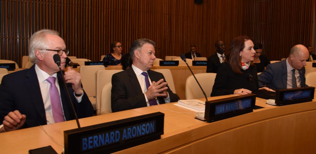 Founder and Managing Partner of ACON Investments Mr. Bernard Aronson, Former President of Colombia H.E. Mr. Juan Manuel Santos, and President of the 73rd Session of the General Assembly H.E. Ms. Maria Fernanda Espinosa Garcés at the event. Photo Credits: UNITAR NYO Office.